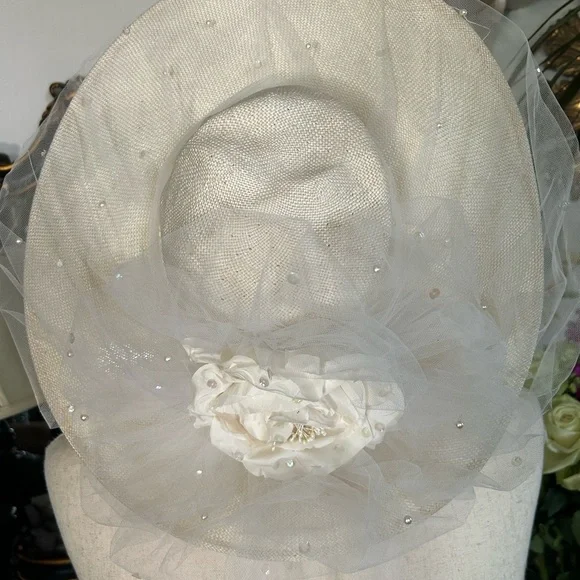Vintage Whittall & Javits Cream Straw Derby Church Hat w  display picture 2